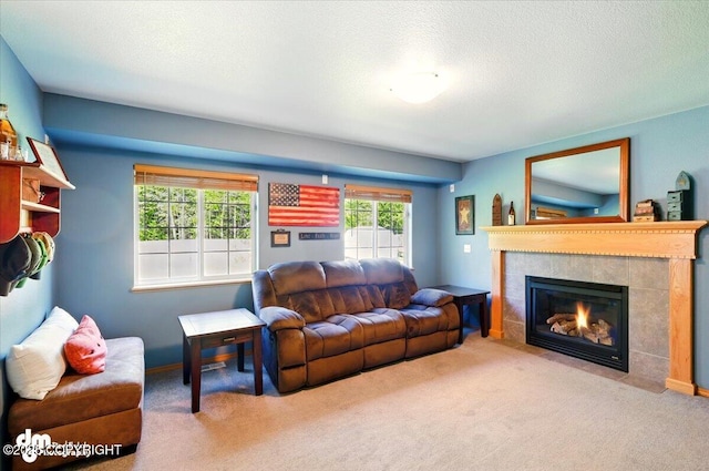 500 S Daysha Cir, Palmer, AK 99645 - living area featuring a tiled fireplace, carpet floors, and a textured ceiling