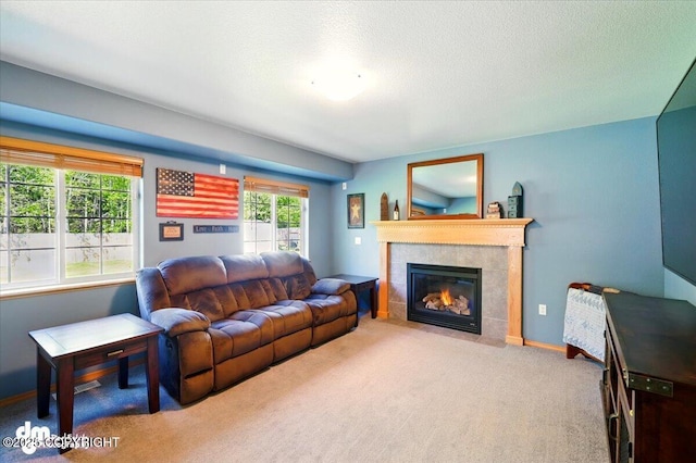 500 S Daysha Cir, Palmer, AK 99645 - carpeted living area with a tiled fireplace and a textured ceiling