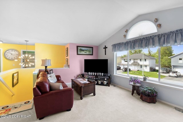 4245 Scenic View Dr, Anchorage, AK 99504 - carpeted living room with a chandelier, lofted ceiling, and baseboards