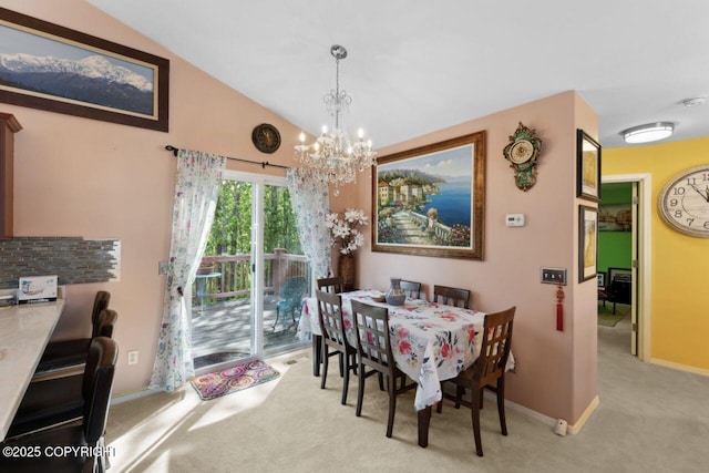 4245 Scenic View Dr, Anchorage, AK 99504 - dining room with carpet, a chandelier, baseboards, and high vaulted ceiling