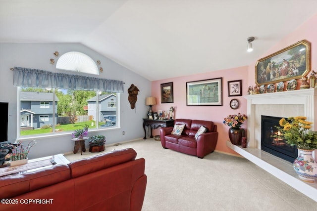 4245 Scenic View Dr, Anchorage, AK 99504 - carpeted living area with lofted ceiling and a fireplace