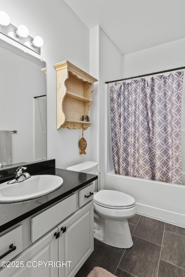 37653 Deville Rd, Soldotna, AK 99669 - full bath featuring vanity, toilet, shower / bathtub combination with curtain, and tile patterned floors