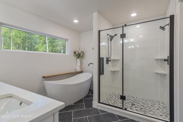 1645 N Vroman Dr, Palmer, AK 99645 - full bathroom with a shower stall, vanity, a freestanding bath, tile patterned flooring, and recessed lighting