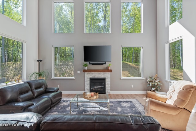 1645 N Vroman Dr, Palmer, AK 99645 - living room featuring a high ceiling, a fireplace, baseboards, and wood finished floors