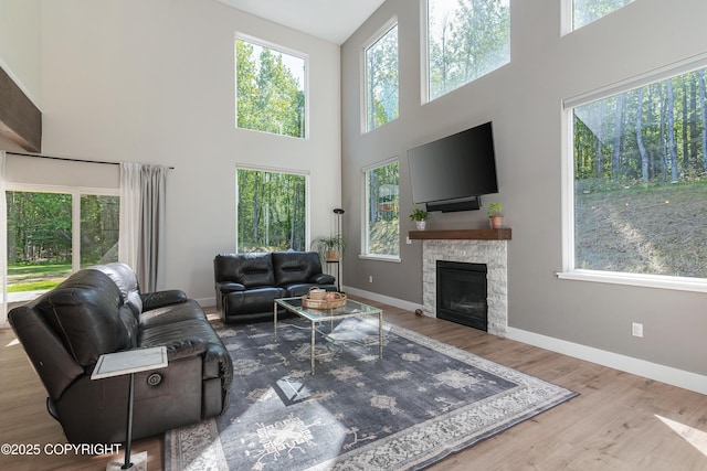 1645 N Vroman Dr, Palmer, AK 99645 - living room with healthy amount of natural light, a high ceiling, wood finished floors, and a fireplace