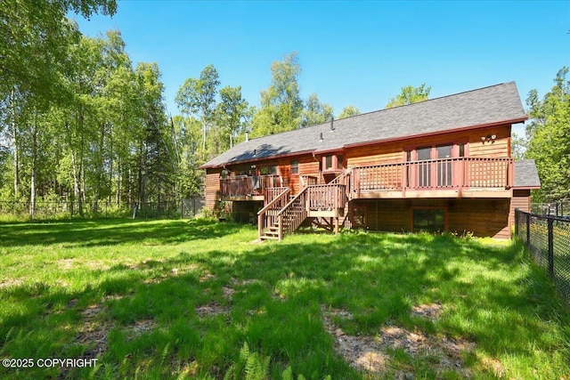 7965 S Settlers Bay Dr, Wasilla, AK 99623 - rear view of house with a wooden deck and stairway