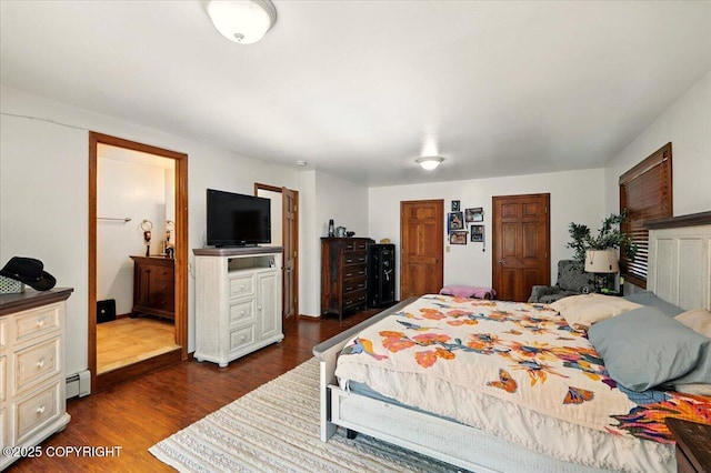7965 S Settlers Bay Dr, Wasilla, AK 99623 - bedroom with a baseboard radiator, dark wood-style flooring, ensuite bathroom, and multiple closets