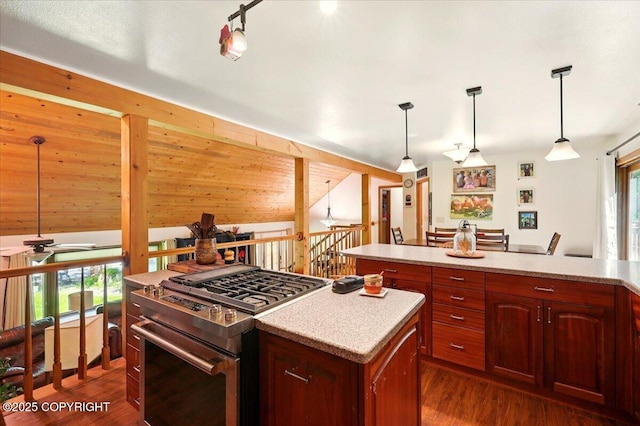 7965 S Settlers Bay Dr, Wasilla, AK 99623 - kitchen with gas stove, a ceiling fan, dark wood-style flooring, and decorative light fixtures