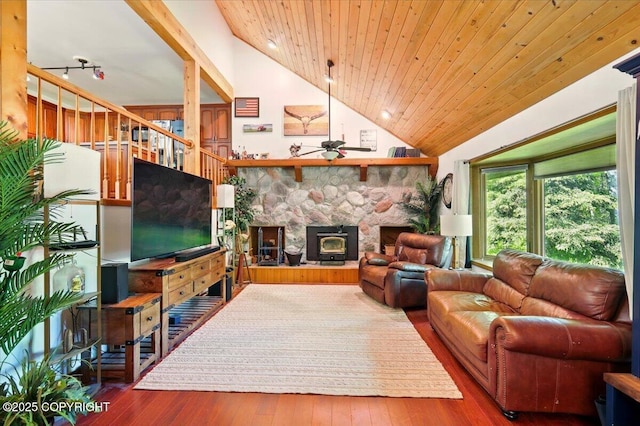 7965 S Settlers Bay Dr, Wasilla, AK 99623 - living area with lofted ceiling, wood finished floors, wooden ceiling, and ceiling fan