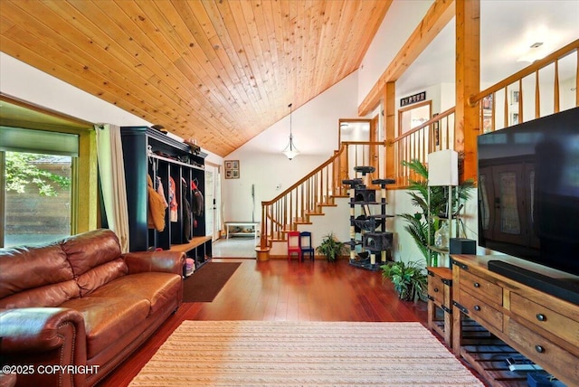 7965 S Settlers Bay Dr, Wasilla, AK 99623 - living room with stairs, hardwood / wood-style flooring, high vaulted ceiling, and wood ceiling