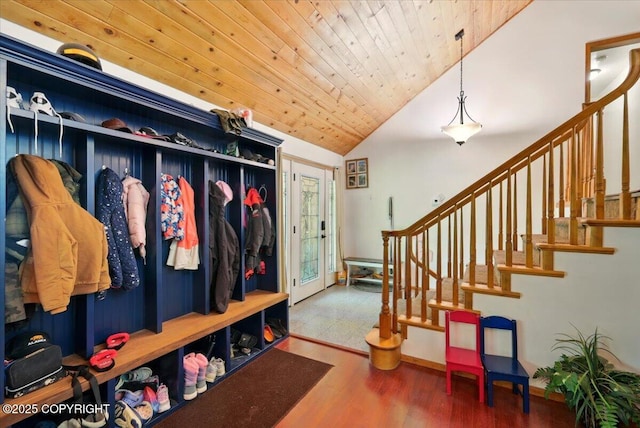 7965 S Settlers Bay Dr, Wasilla, AK 99623 - mudroom featuring vaulted ceiling, wood finished floors, and wood ceiling