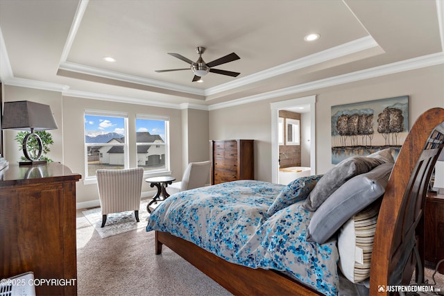 5167 E Henhouse Loop, Wasilla, AK 99654 - bedroom featuring a raised ceiling, ornamental molding, carpet flooring, ensuite bath, and recessed lighting