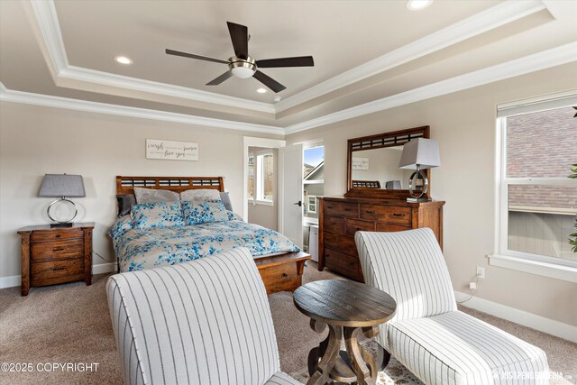 5167 E Henhouse Loop, Wasilla, AK 99654 - bedroom featuring a raised ceiling, carpet flooring, crown molding, baseboards, and recessed lighting