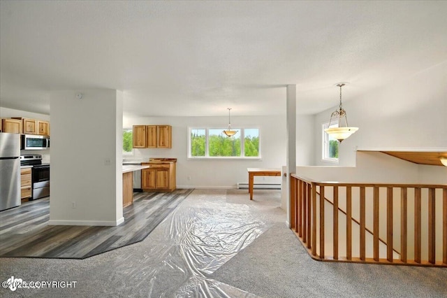 14045 W Willow Fishhook Rd, Willow, AK 99688 - kitchen with stainless steel appliances, light countertops, wood finished floors, a baseboard heating unit, and baseboards