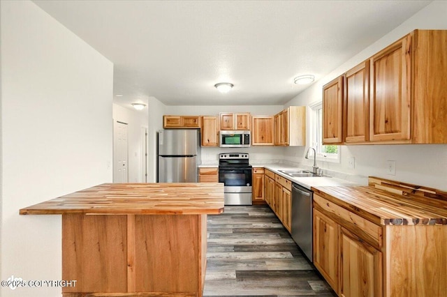 14045 W Willow Fishhook Rd, Willow, AK 99688 - kitchen with wooden counters, stainless steel appliances, a sink, dark wood-style floors, and a kitchen island