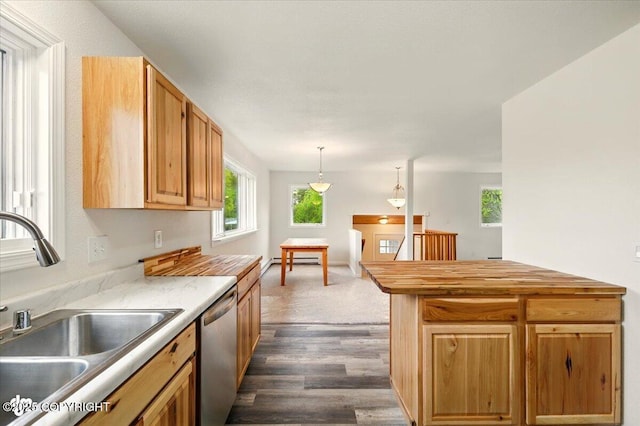 14045 W Willow Fishhook Rd, Willow, AK 99688 - kitchen featuring a sink, stainless steel dishwasher, dark wood-type flooring, hanging light fixtures, and butcher block countertops