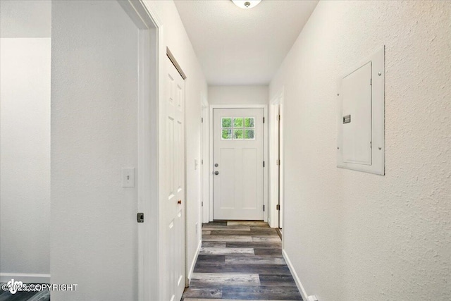 14045 W Willow Fishhook Rd, Willow, AK 99688 - corridor featuring electric panel, dark wood-type flooring, baseboards, and a textured wall