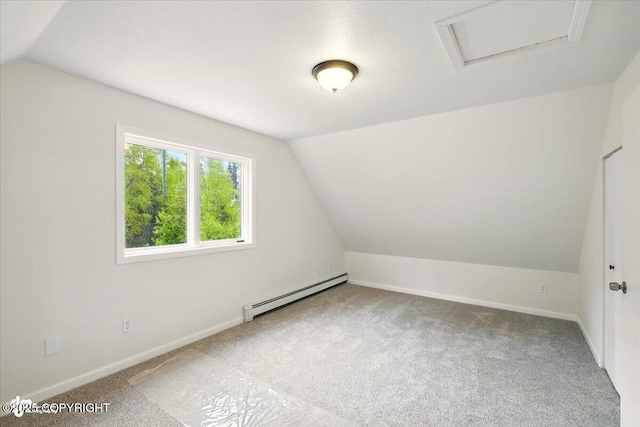 14045 W Willow Fishhook Rd, Willow, AK 99688 - bonus room with a baseboard radiator, lofted ceiling, carpet flooring, attic access, and baseboards
