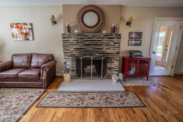 2503 Cedar St, Seward, AK 99664 - living room featuring wood finished floors, a baseboard radiator, and a fireplace