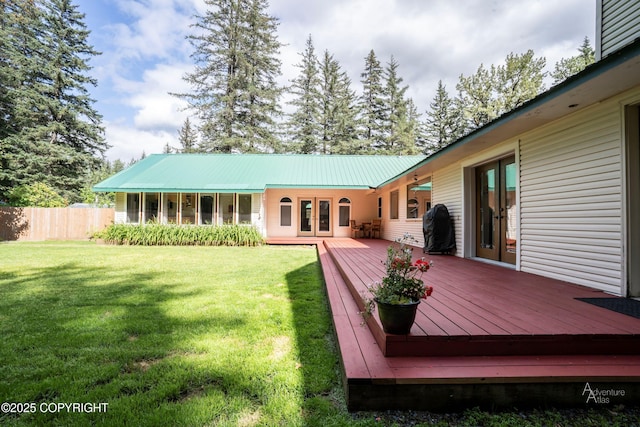 2503 Cedar St, Seward, AK 99664 - rear view of property featuring french doors, a wooden deck, and metal roof