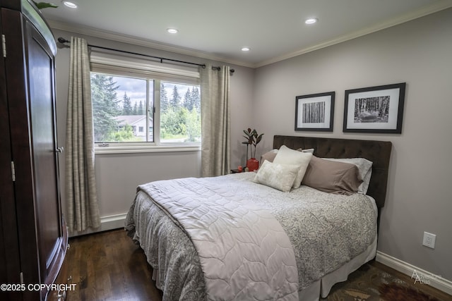 2503 Cedar St, Seward, AK 99664 - bedroom featuring baseboard heating, ornamental molding, wood finished floors, recessed lighting, and baseboards