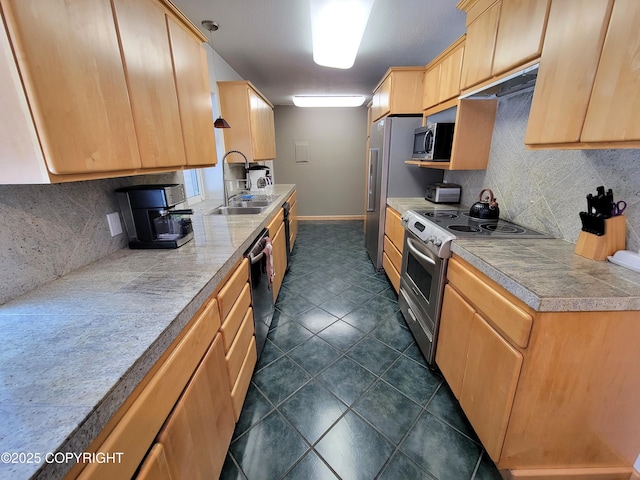 2503 Cedar St, Seward, AK 99664 - kitchen with appliances with stainless steel finishes, a sink, dark tile patterned floors, backsplash, and light brown cabinetry