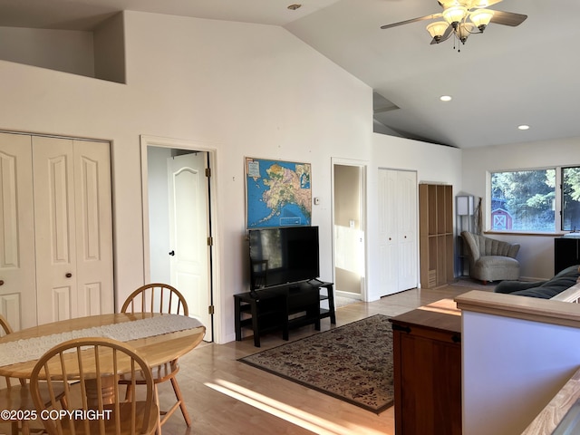 2503 Cedar St, Seward, AK 99664 - living room featuring ceiling fan, high vaulted ceiling, wood finished floors, and recessed lighting