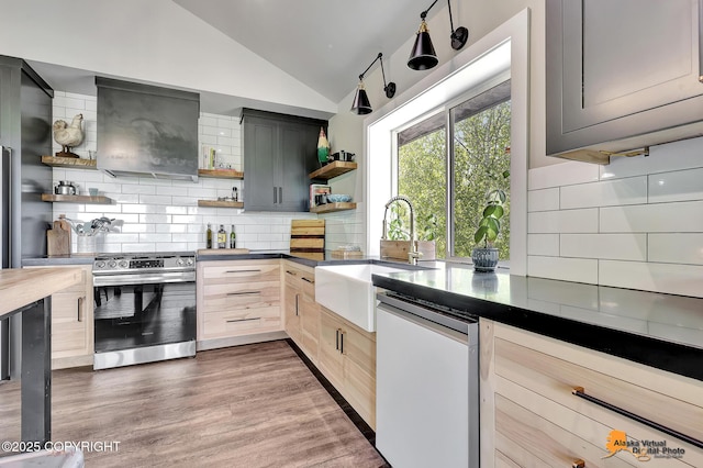 16111 E Nosey Ave, Talkeetna, AK 99676 - kitchen featuring open shelves, electric range, a sink, lofted ceiling, and backsplash