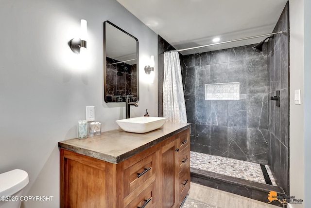 16111 E Nosey Ave, Talkeetna, AK 99676 - bathroom featuring vanity, toilet, a tile shower, and recessed lighting