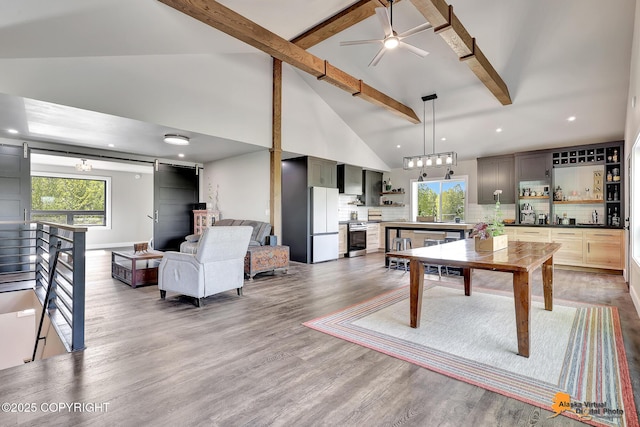 16111 E Nosey Ave, Talkeetna, AK 99676 - dining space with a barn door, beamed ceiling, wood finished floors, a ceiling fan, and healthy amount of natural light
