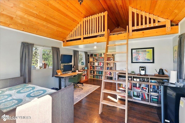 34540 Poppy Wood St, Soldotna, AK 99669 - bedroom featuring wood ceiling, wood-type flooring, high vaulted ceiling, and a desk
