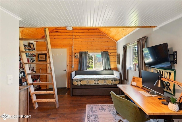 34540 Poppy Wood St, Soldotna, AK 99669 - bedroom with vaulted ceiling, wood finished floors, wood walls, and wood ceiling