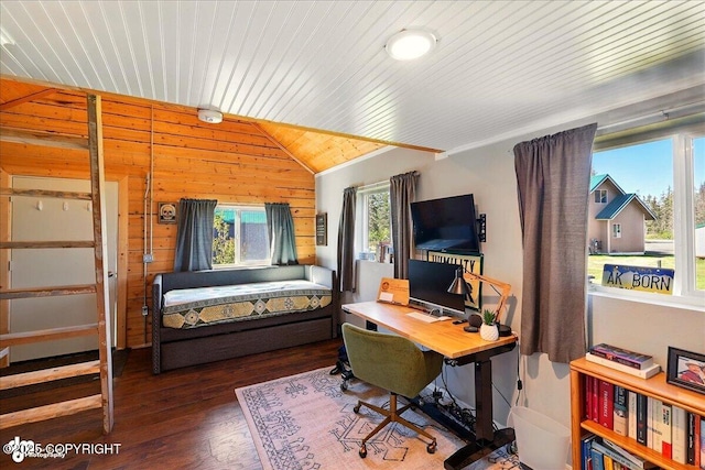 34540 Poppy Wood St, Soldotna, AK 99669 - bedroom featuring vaulted ceiling, wooden ceiling, wood finished floors, an office area, and wooden walls
