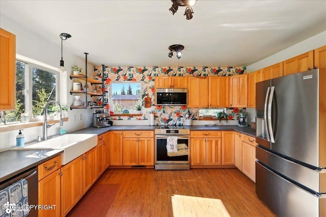 34540 Poppy Wood St, Soldotna, AK 99669 - kitchen featuring appliances with stainless steel finishes, light wood finished floors, and dark countertops