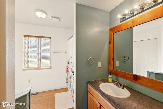 34540 Poppy Wood St, Soldotna, AK 99669 - bathroom featuring vanity, wood finished floors, and a shower with shower curtain