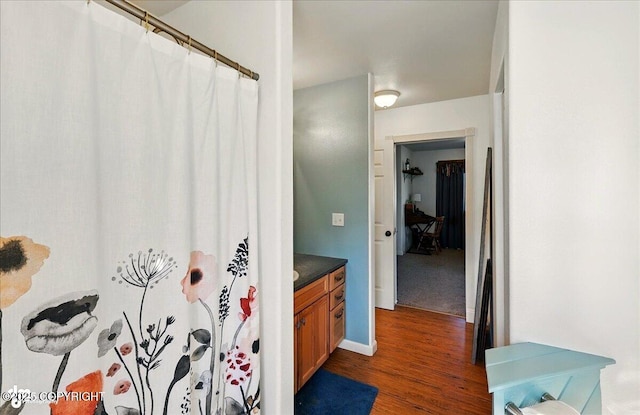 34540 Poppy Wood St, Soldotna, AK 99669 - bathroom featuring wood finished floors, vanity, and a shower with shower curtain