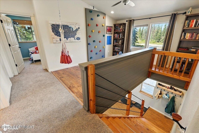 34540 Poppy Wood St, Soldotna, AK 99669 - stairs with ceiling fan, wood finished floors, recessed lighting, and vaulted ceiling