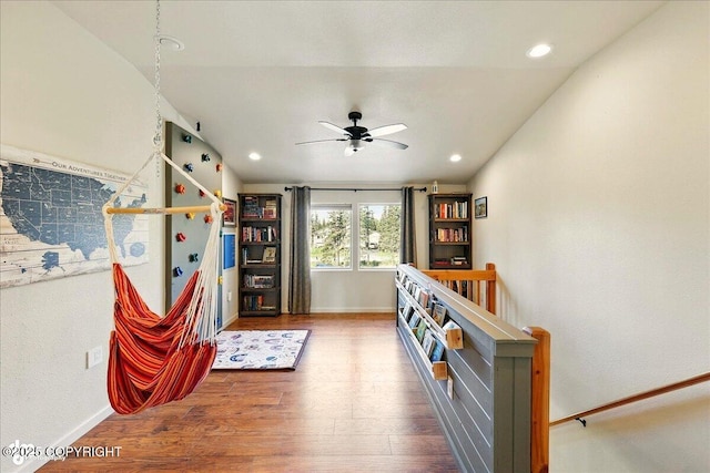34540 Poppy Wood St, Soldotna, AK 99669 - game room featuring ceiling fan, wood finished floors, and recessed lighting