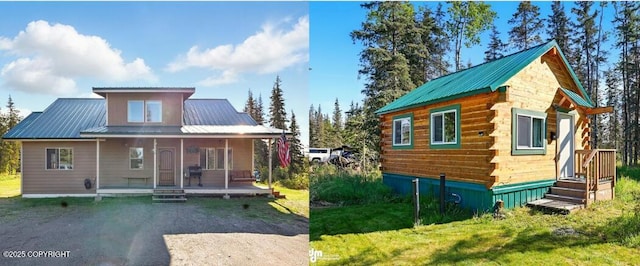 34540 Poppy Wood St, Soldotna, AK 99669 - view of front facade with a porch, a metal roof, and a front yard