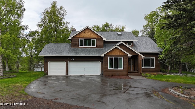 11840 Coughlan Way, Anchorage, AK 99516 - view of front of property with asphalt driveway, a chimney, roof with shingles, and a front lawn