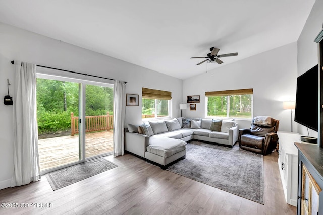 4850 N Riverstone Cir, Palmer, AK 99645 - living area with ceiling fan, light wood-style flooring, and vaulted ceiling