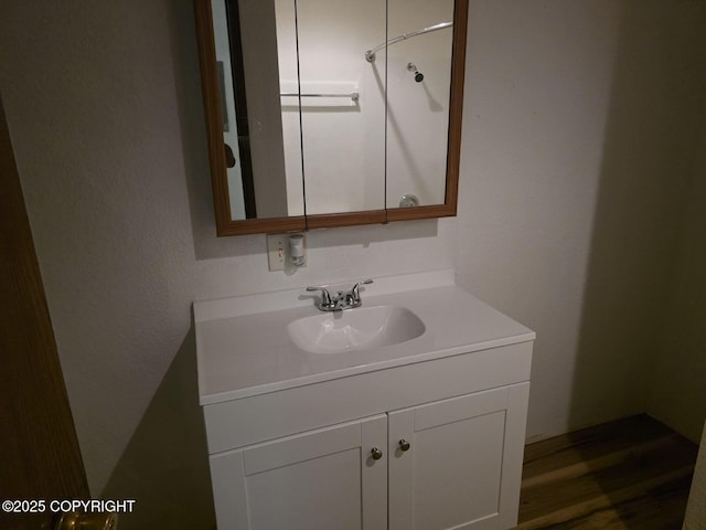 5650 N Talgach View Dr, Wasilla, AK 99654 - bathroom with vanity, wood finished floors, and a shower