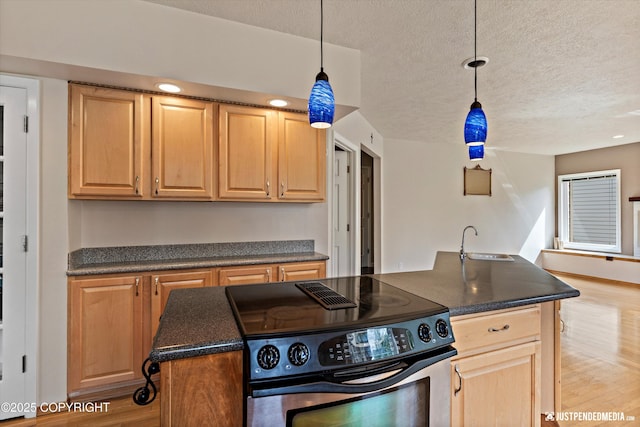 18704 Snowy Plover Cir, Anchorage, AK 99516 - kitchen with electric stove, a sink, dark countertops, light wood-style flooring, and a textured ceiling