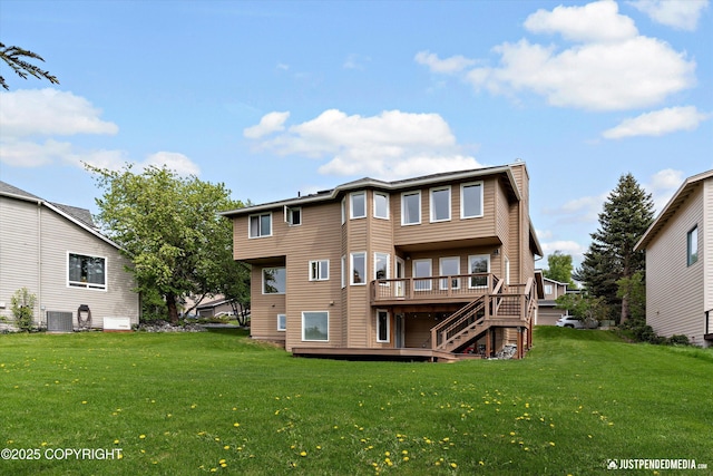 18704 Snowy Plover Cir, Anchorage, AK 99516 - rear view of property featuring stairs, a deck, central air condition unit, a yard, and a chimney