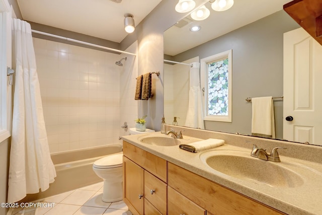 13521 Ebbtide Cir, Anchorage, AK 99516 - full bath featuring tile patterned flooring, shower / bathtub combination with curtain, double vanity, and toilet