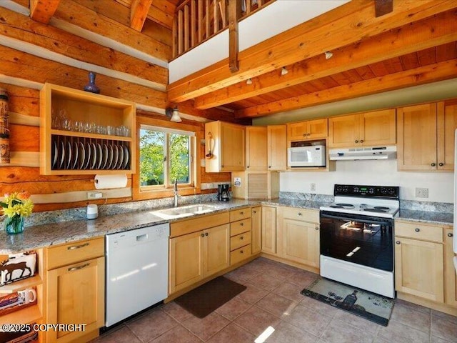 58820 E End Rd, Homer, AK 99603 - kitchen with white appliances, a sink, under cabinet range hood, open shelves, and light tile patterned flooring
