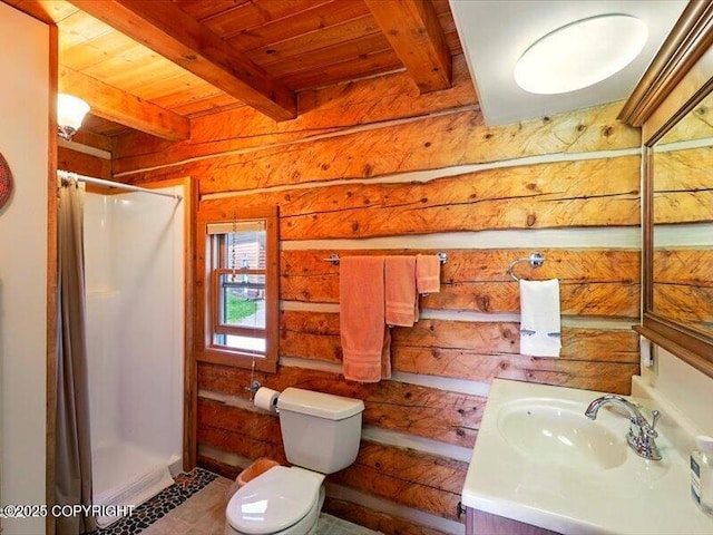 58820 E End Rd, Homer, AK 99603 - bathroom with wooden ceiling with exposed beams, a shower with shower curtain, toilet, and vanity