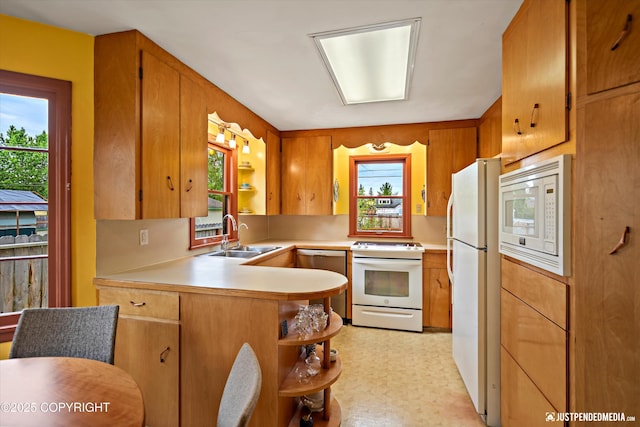 1310 G St, Anchorage, AK 99501 - kitchen featuring white appliances, a sink, open shelves, and a peninsula