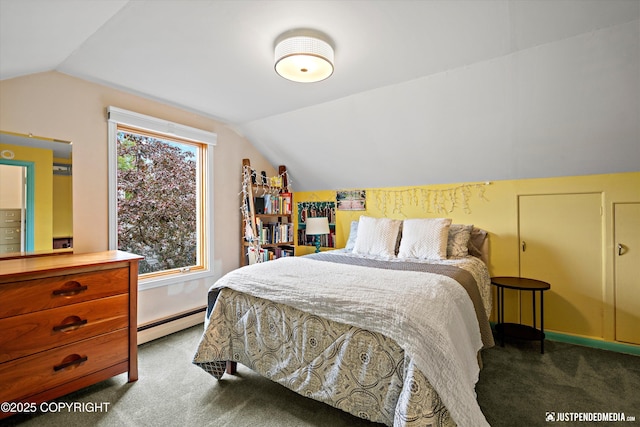1310 G St, Anchorage, AK 99501 - bedroom with baseboard heating, lofted ceiling, carpet floors, and baseboards