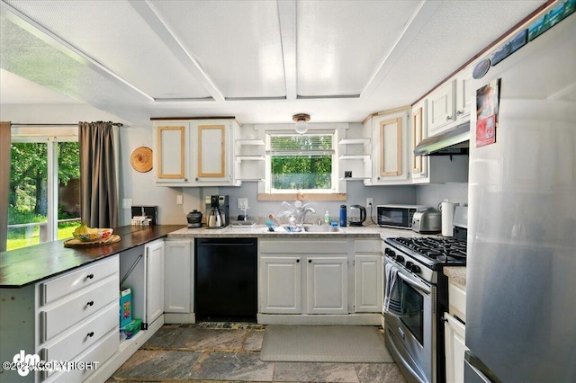 3470 W Wren St, Wasilla, AK 99623 - kitchen featuring black appliances, a peninsula, under cabinet range hood, open shelves, and healthy amount of natural light
